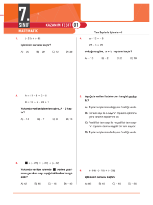 7. Sınıf MATEMATİK - KAZANIM TESTİ