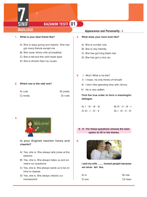 7. Sınıf İNGİLİZCE - KAZANIM TESTİ