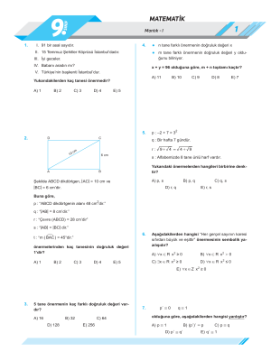 9. Sınıf MATEMATİK - YAPRAK TEST